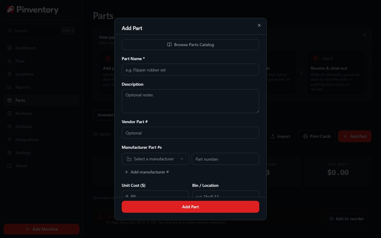 The Add Part dialog with quantity, cost, vendor, and reorder threshold fields.