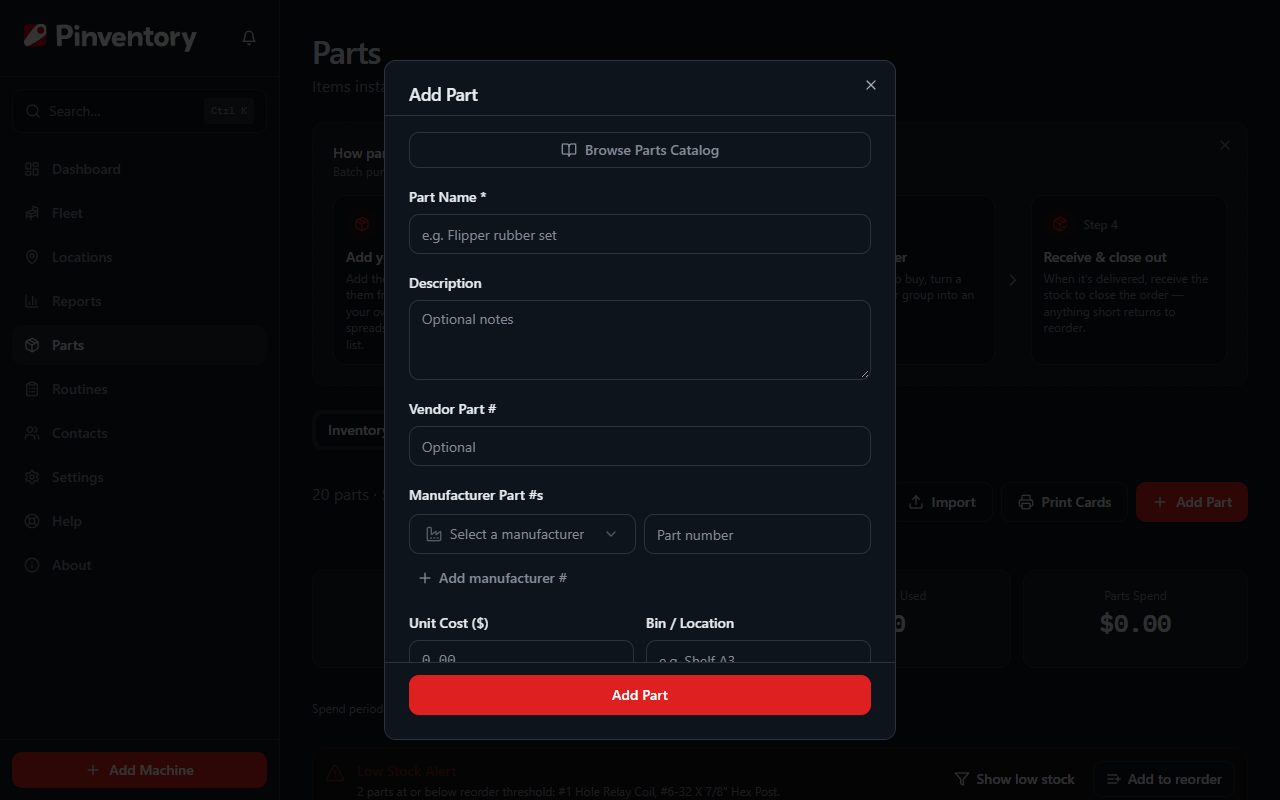The Add Part dialog with quantity, cost, vendor, and reorder threshold fields.
