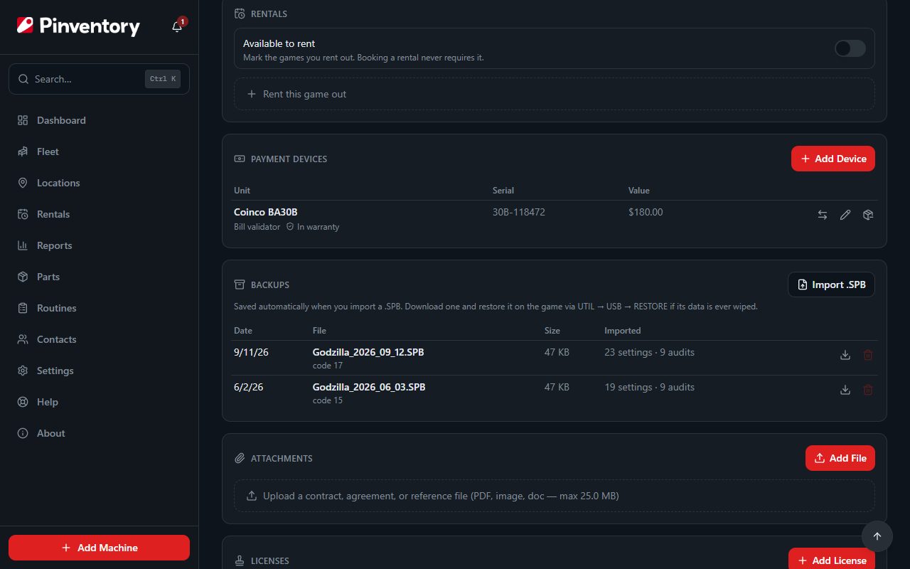 The Backups card on a Stern machine, with the Import .SPB button and two saved backups listing their date, file name, code version, size and how many settings and audits each held.