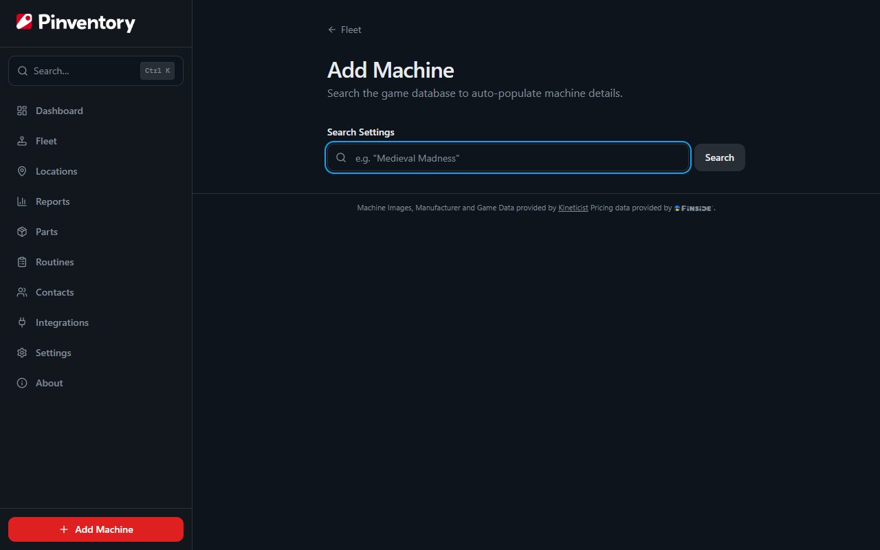 The Add Machine screen showing the Pinball, Arcade, and Amusement options.
