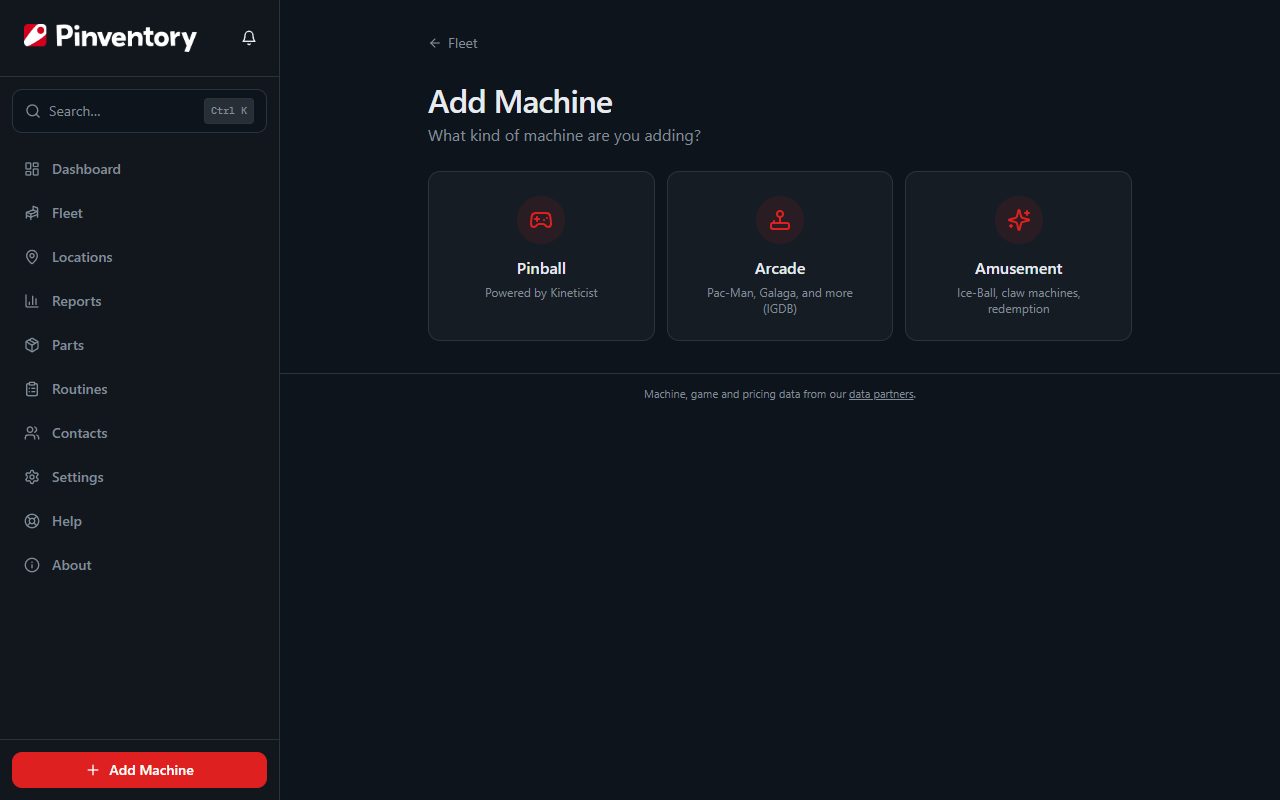 The Add Machine screen showing the Pinball, Arcade, and Amusement options.