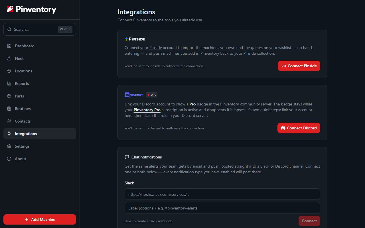 The Pinball Map card on the Integrations page before an account is connected.