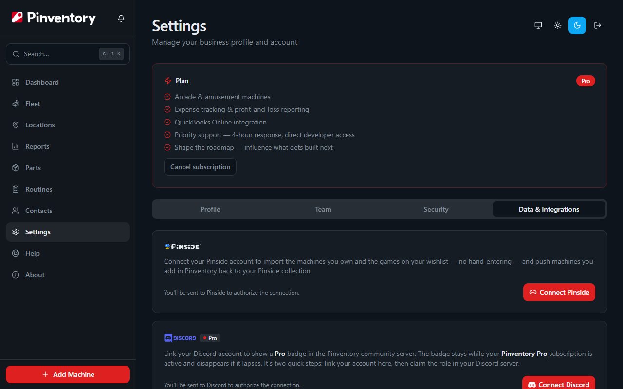 The Pinball Map card on the Data & Integrations tab in Settings before an account is connected.