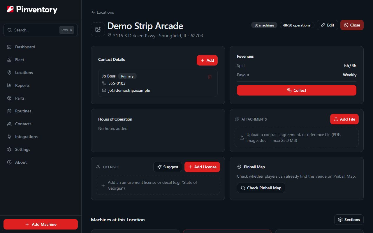 A location page showing the 55/45 split, the payout frequency, and the Collect button.