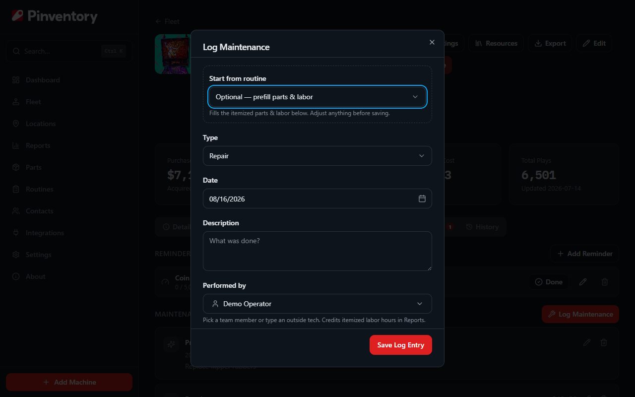 The Log Maintenance dialog with type, date, and description.