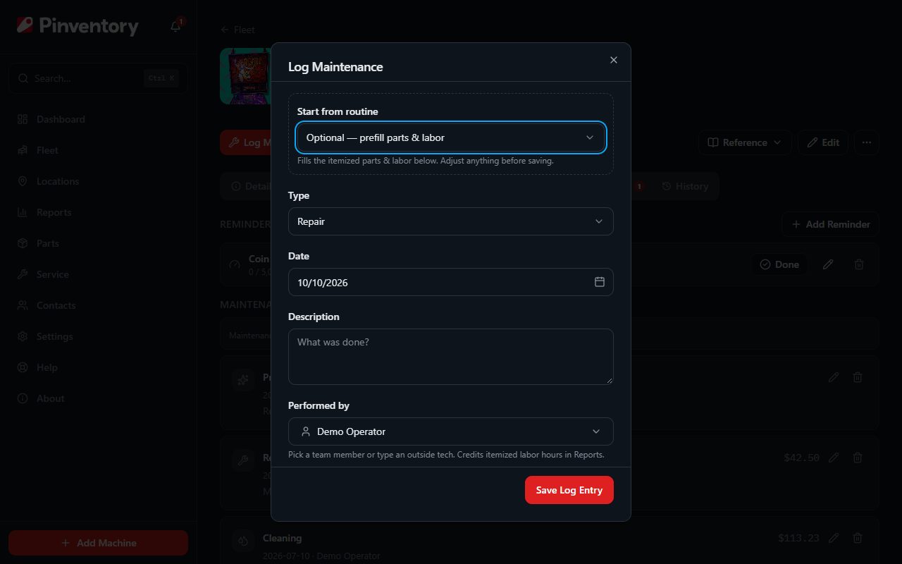 The Log Maintenance dialog with type, date, and description.