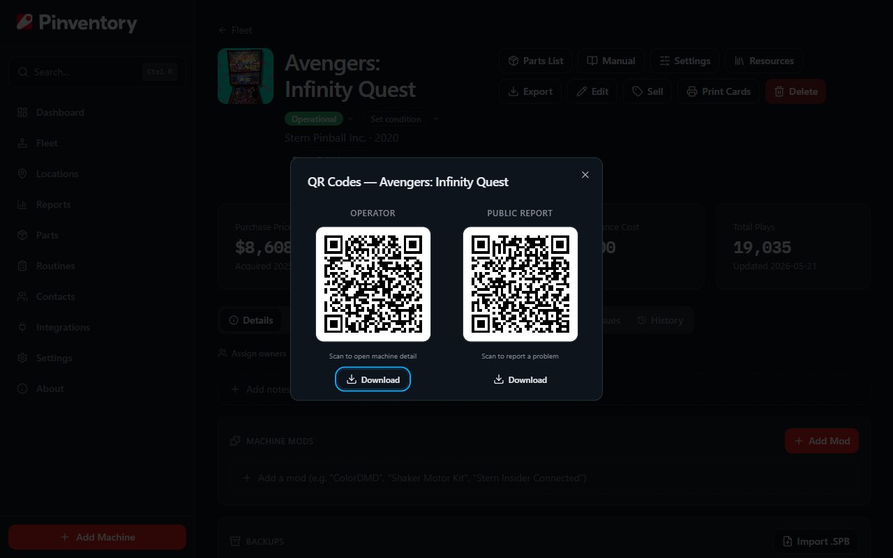 The QR code dialog showing the operator and public codes side by side.