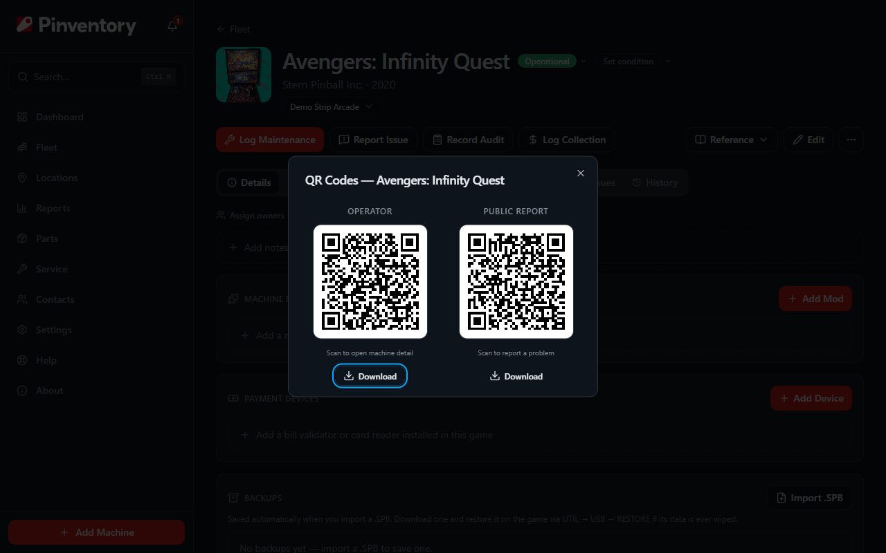 The QR code dialog showing the operator and public codes side by side.