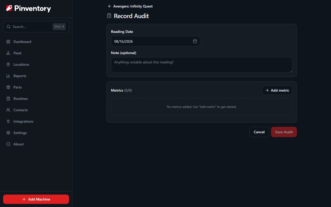 The Record Audit screen with the reading date and note fields.