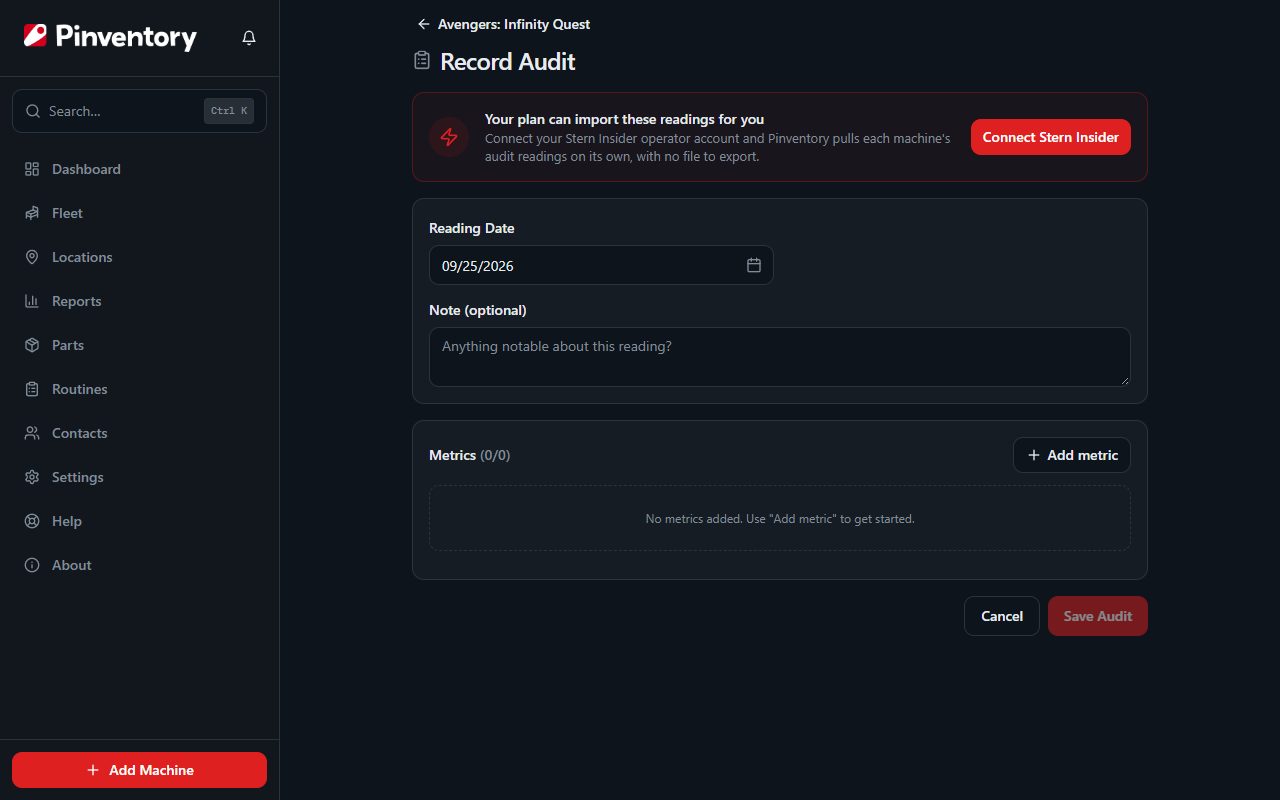 The Record Audit screen with the reading date and note fields.