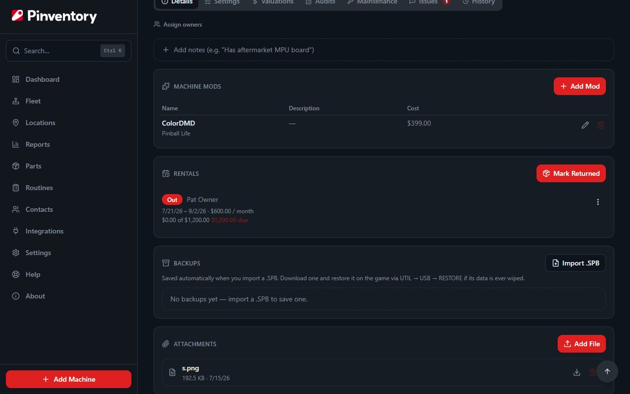 The Rentals card on a game's Details tab, showing a hire that is out with the renter, the dates, the rate, and what is still owed.