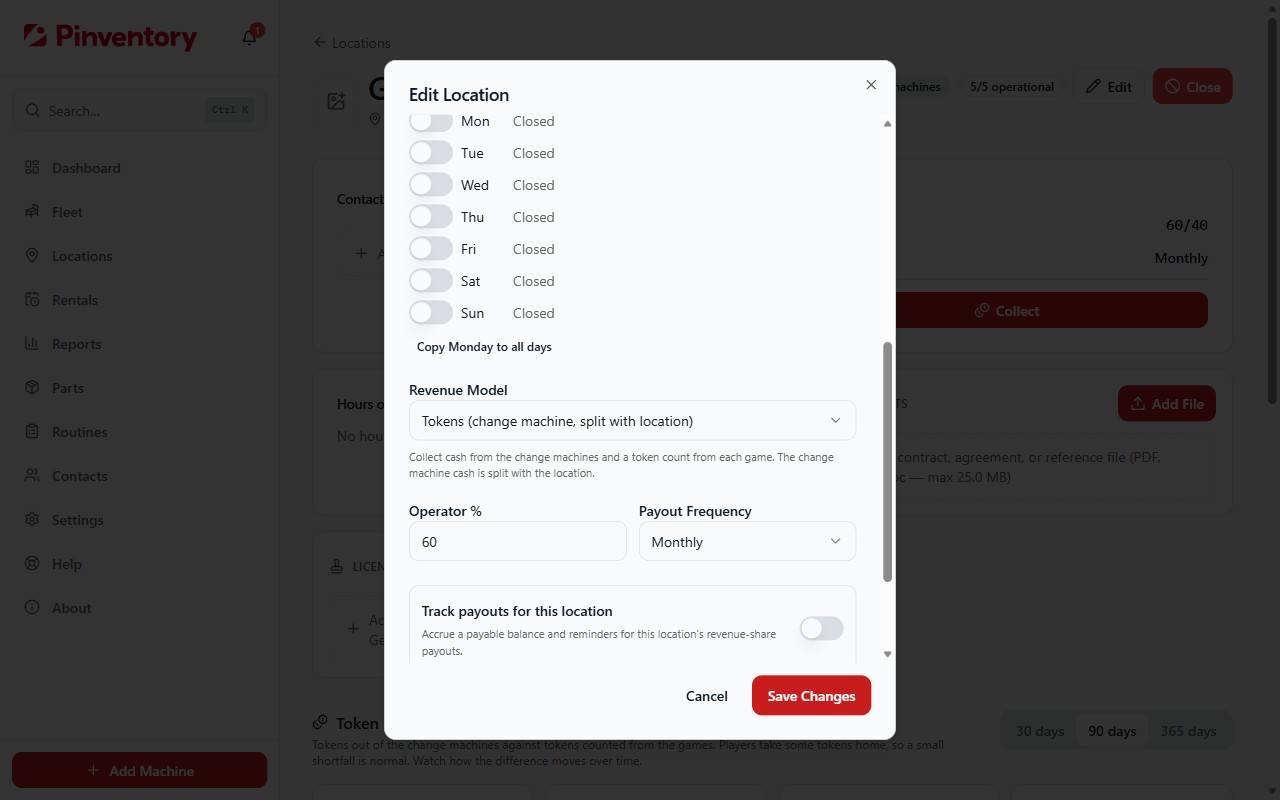The Edit Location form with the revenue model set to Tokens and the split kept.