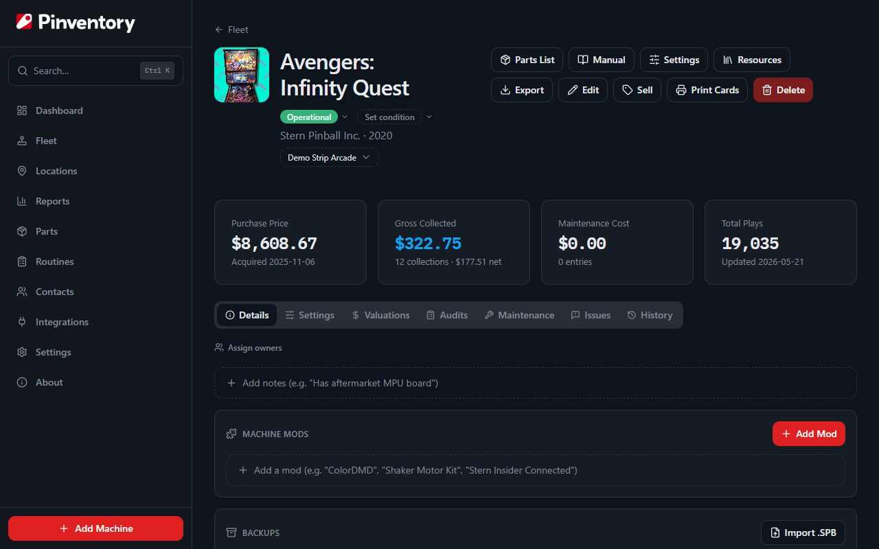 A machine page with the Sell action in the header.