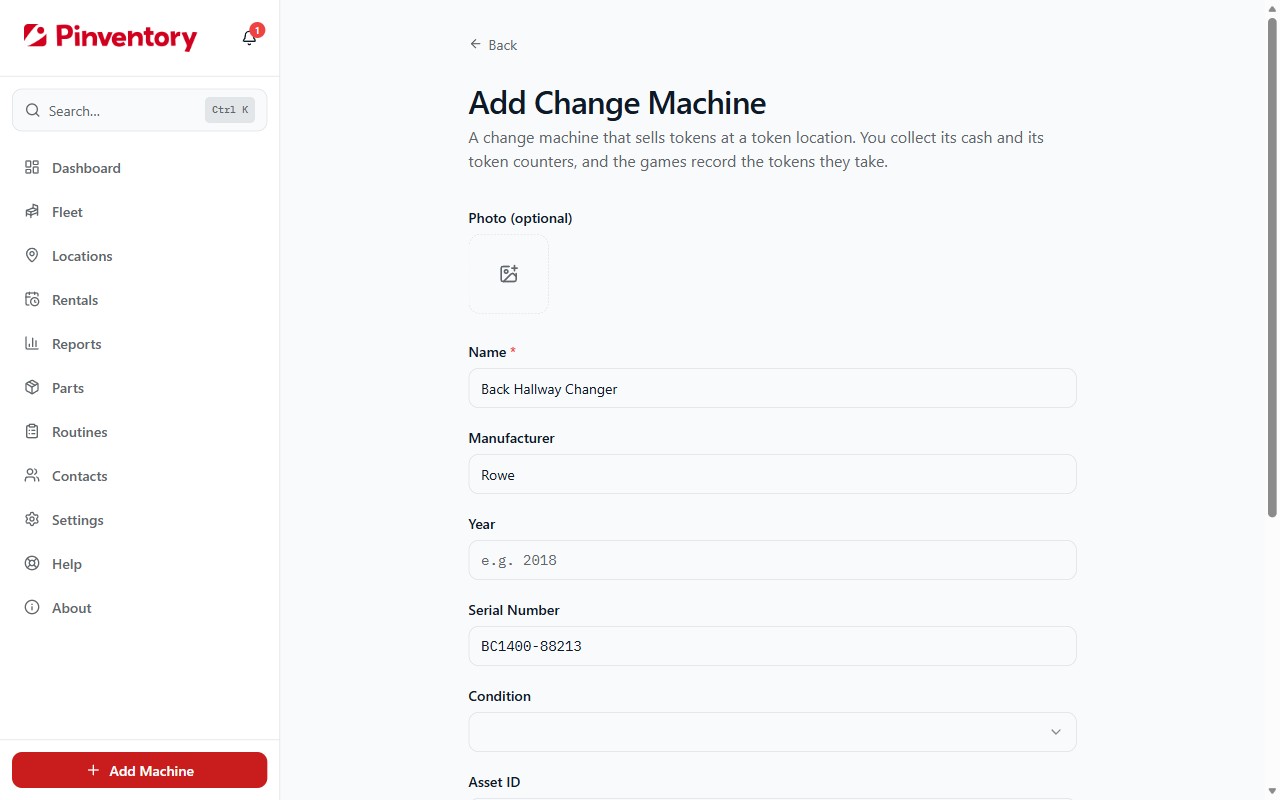 The Add Change Machine form with a name, a manufacturer and a serial number.