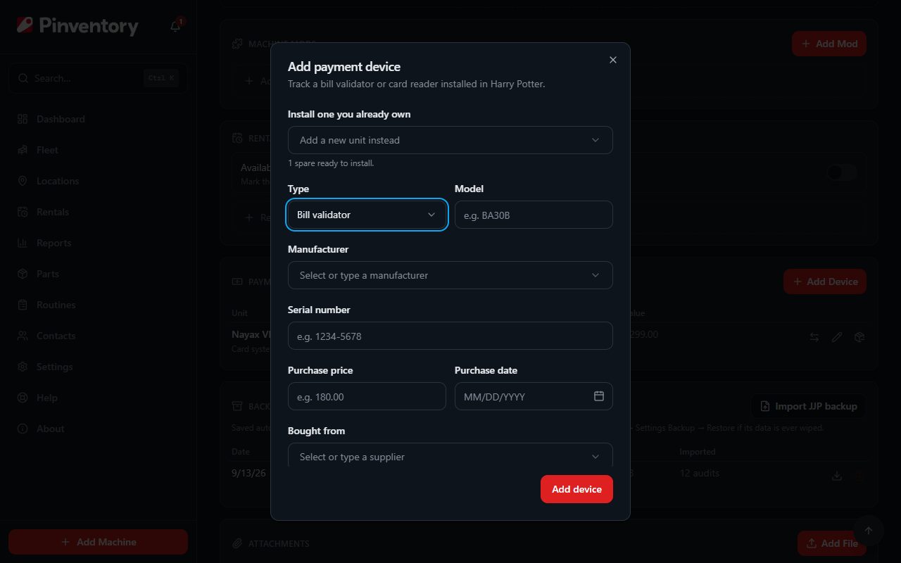 The Add payment device form opened from a machine, with the install-a-spare picker at the top and the type, model, manufacturer, serial and purchase fields below.