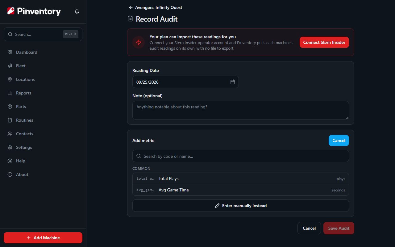 The metric picker with catalog search results grouped by category.