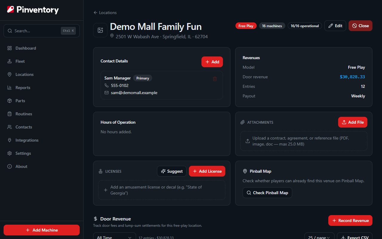 A free-play location page with the Free Play badge and the Door Revenue section.