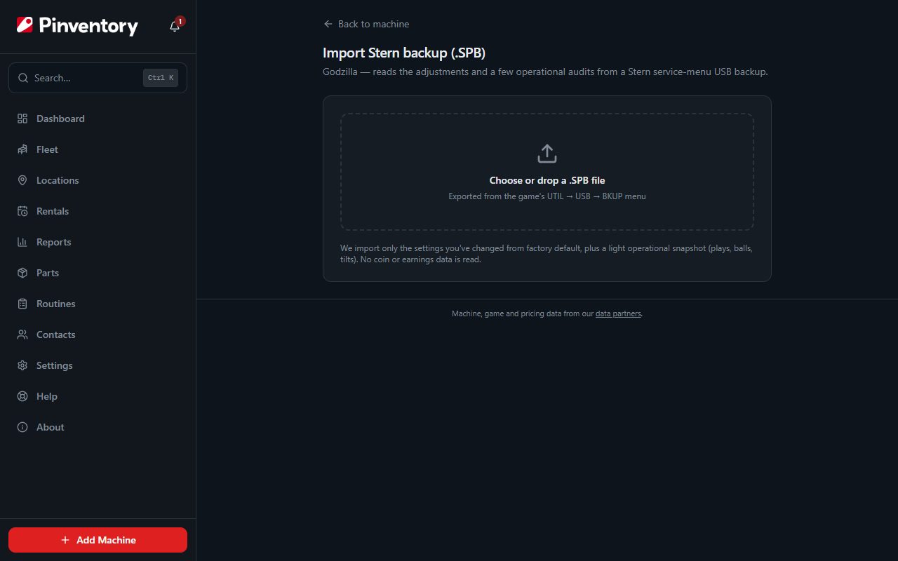 The Import Stern backup page, with a drop area that reads Choose or drop a .SPB file.