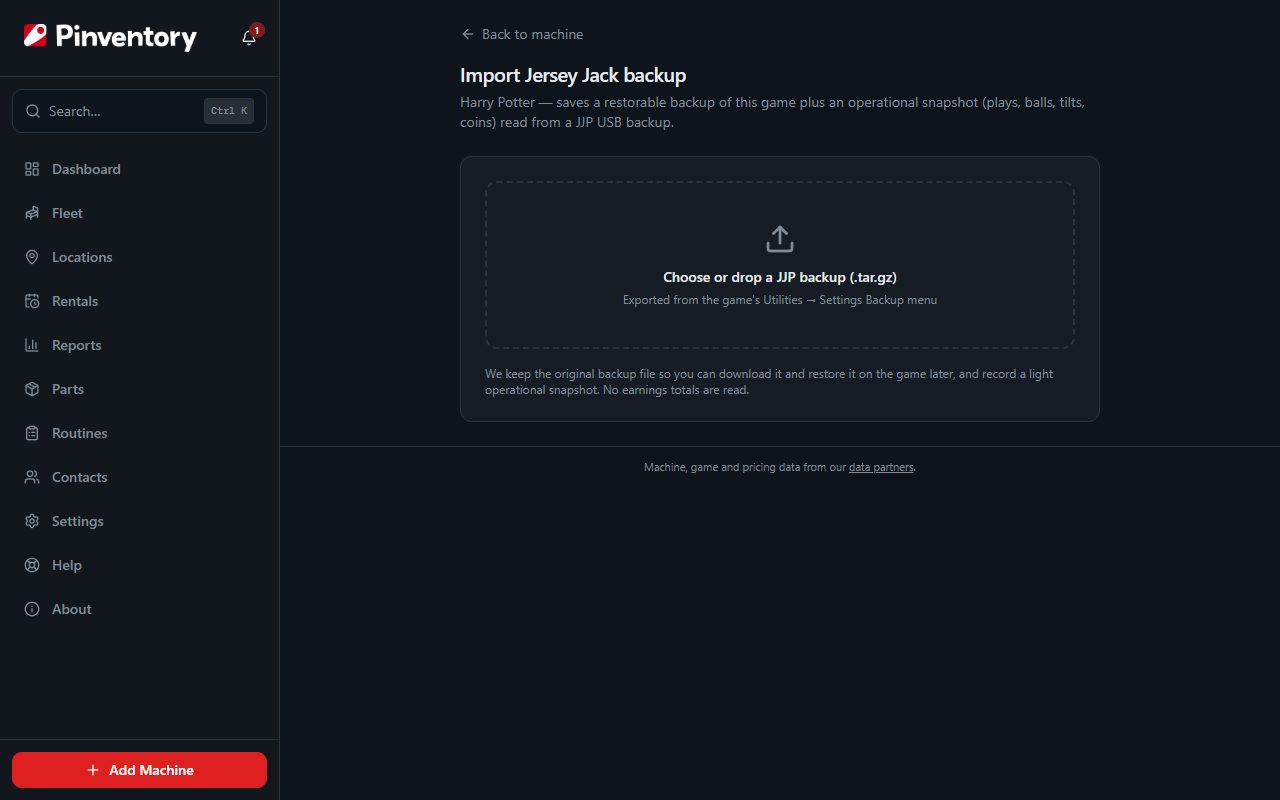 The Import Jersey Jack backup page, with a drop area that reads Choose or drop a JJP backup (.tar.gz).