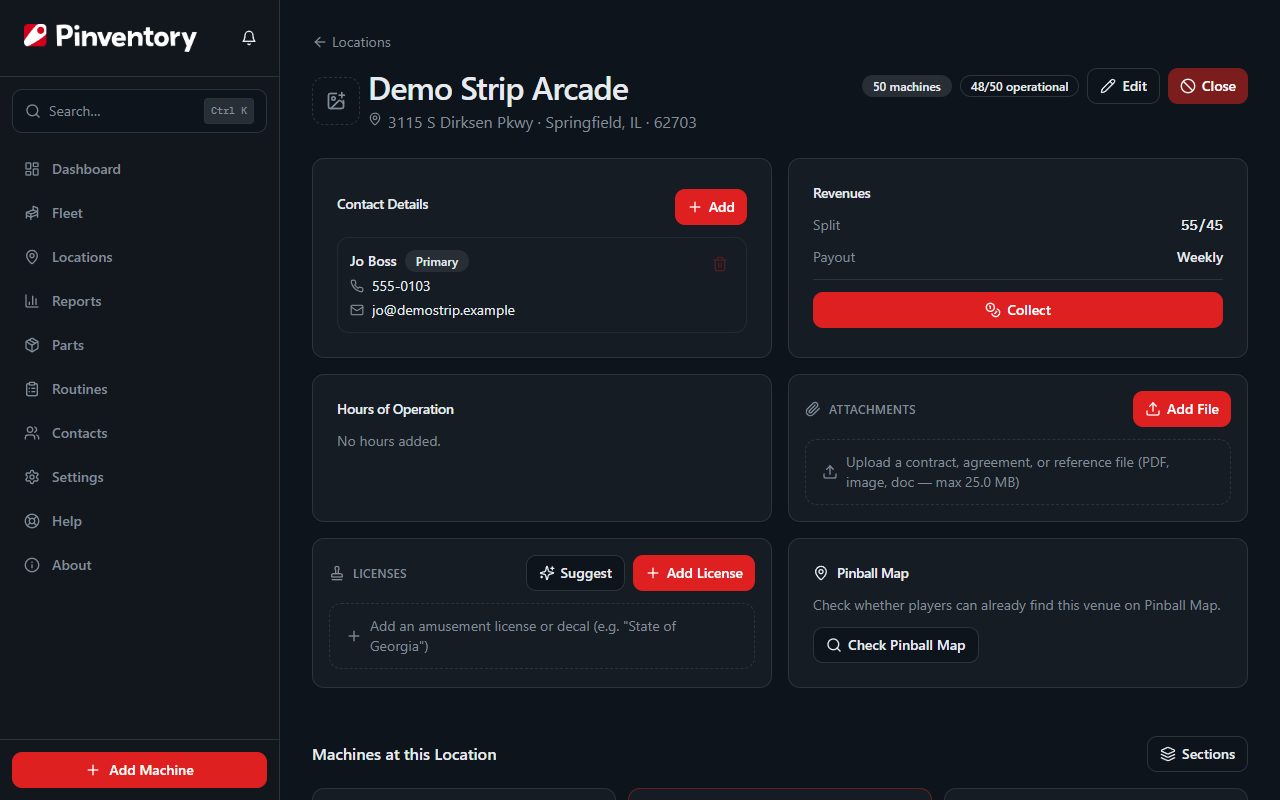 A location page in Pinventory showing the revenue split percentage, the payout frequency, and the Collect button.
