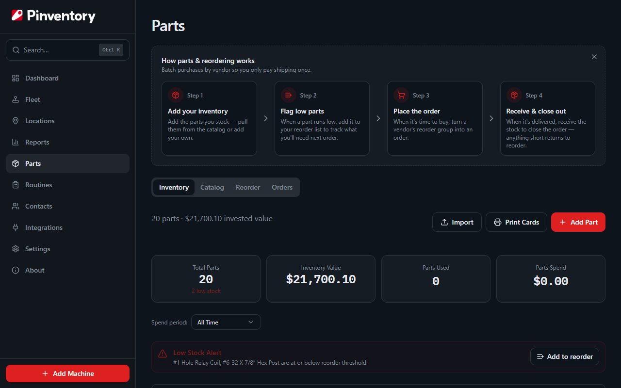 The Parts inventory tab with the low stock alert and the add-to-reorder action.