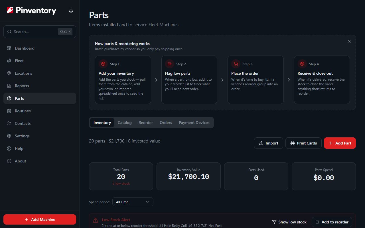 The Parts inventory tab with the low stock alert and the add-to-reorder action.
