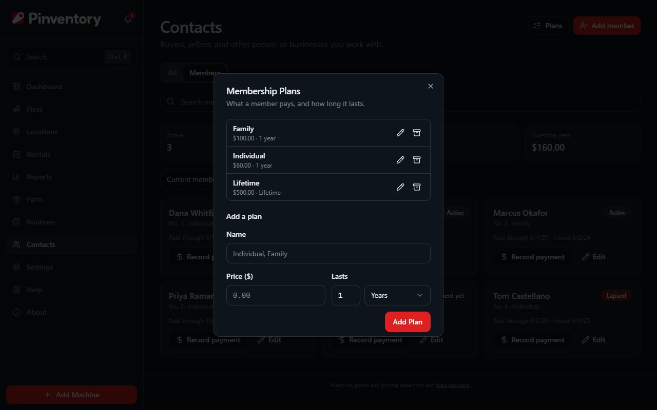 The Membership Plans dialog listing plans with their price and term, and the form to add a plan.