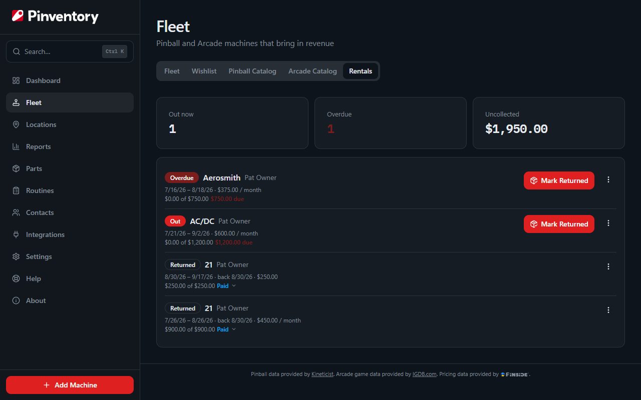 The Rentals tab on the Fleet page, with counts for out and overdue, the uncollected total, and a Mark Returned button on each game that is still out.