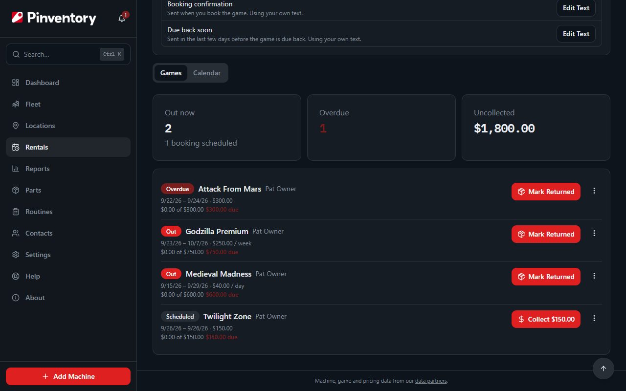 The Rentals tab on the Fleet page, with counts for out and overdue, the uncollected total, and a Mark Returned button on each game.