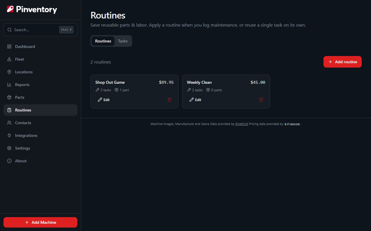 The Routines page listing maintenance routines and tasks.