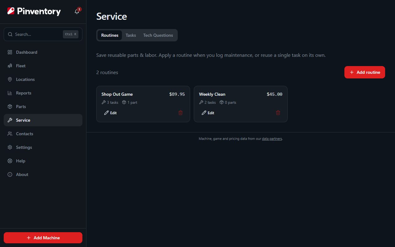 The Service page listing maintenance routines and tasks.