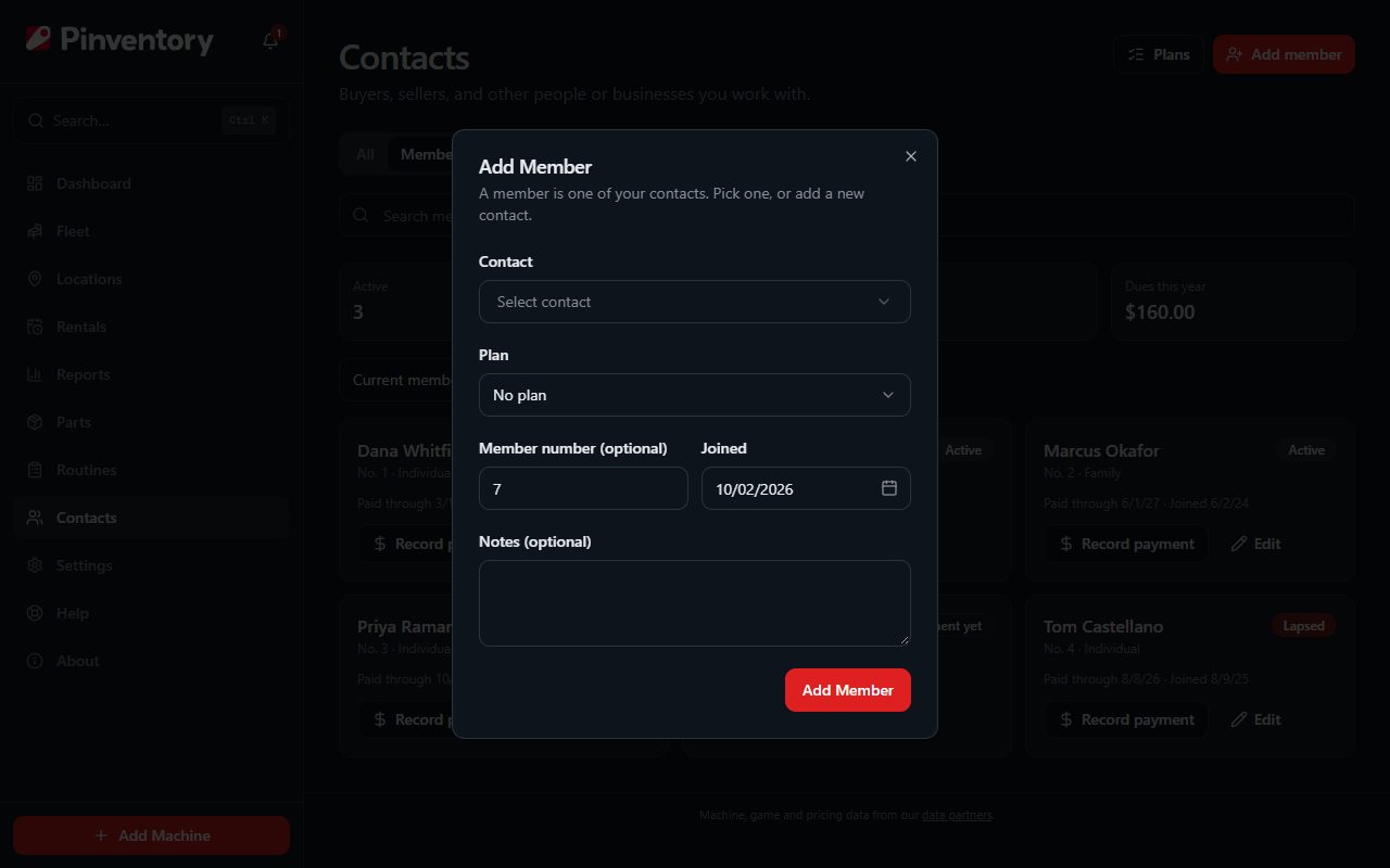 The Add Member dialog with the contact picker, the plan, the member number and the joined date.
