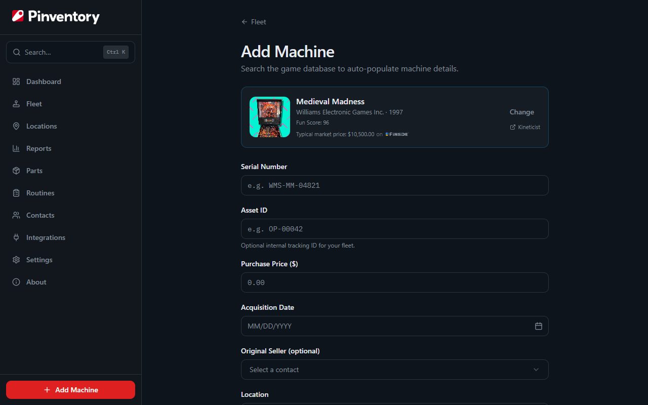 The machine detail form with serial number, purchase price, acquisition date, and location fields.