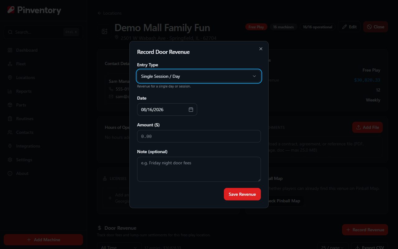 The Record Door Revenue dialog with entry type, period, and amount.
