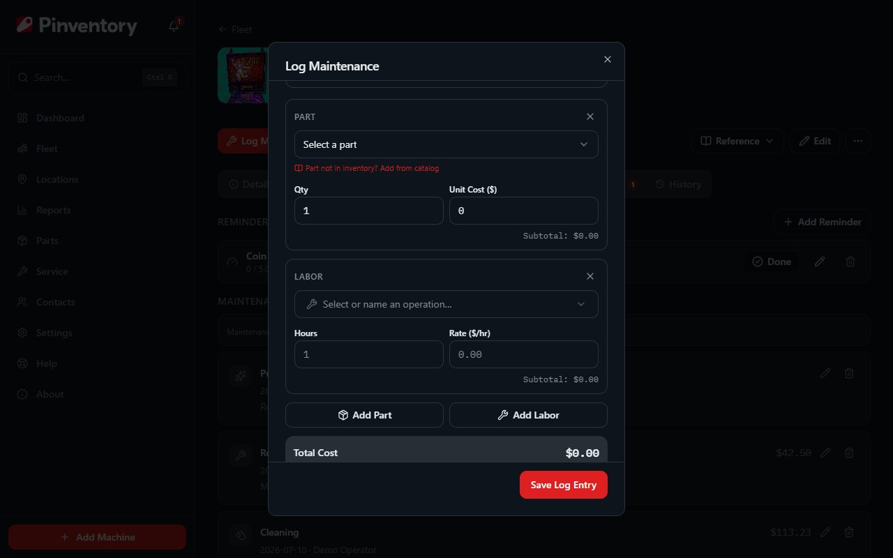 The maintenance line item editor with parts and labor and a running cost.