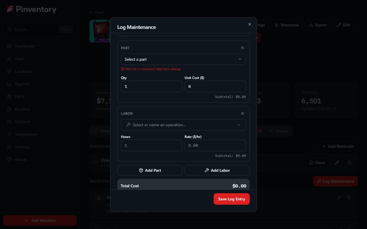 The maintenance line item editor with parts and labor and a running cost.