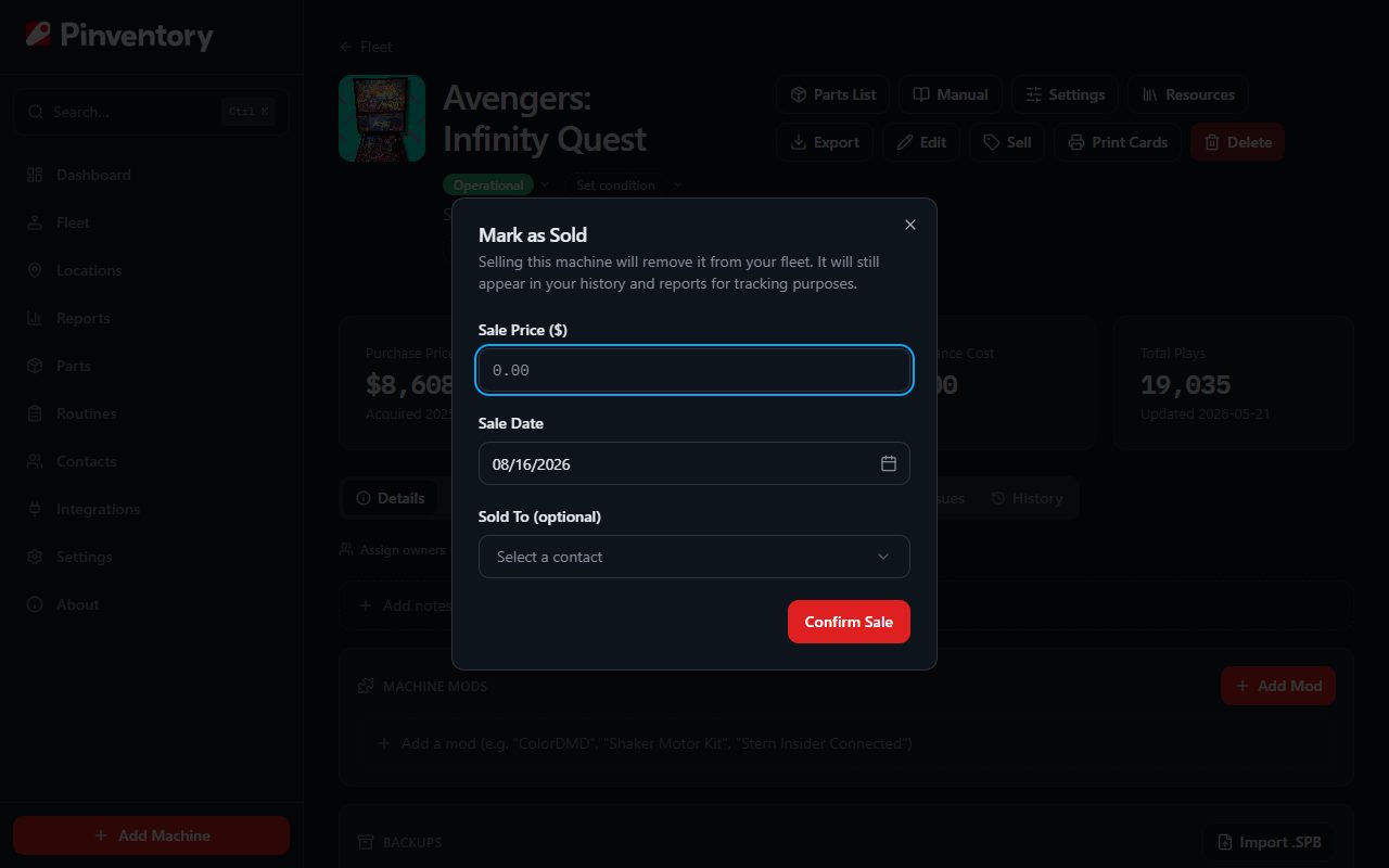 The Mark as Sold dialog with sale price, date, and buyer fields.