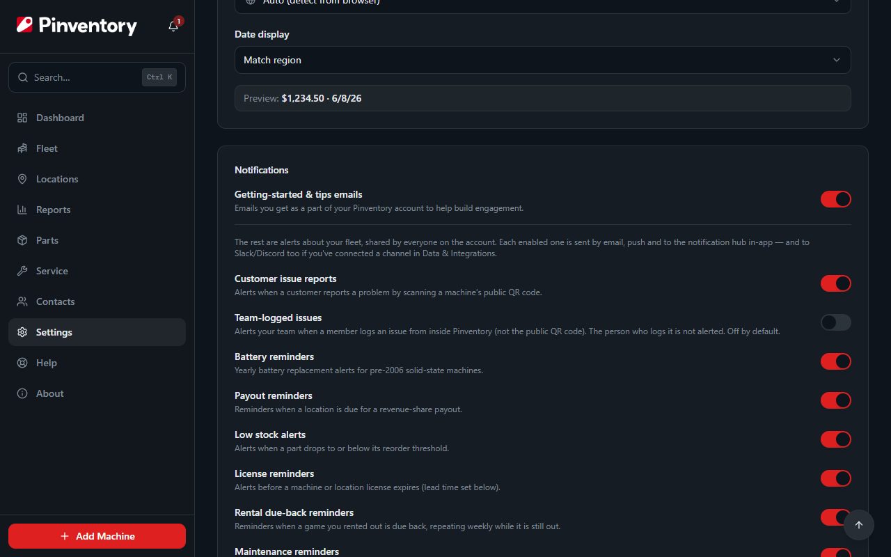 The Notifications card in Settings with the Customer issue reports and Team-logged issues switches.
