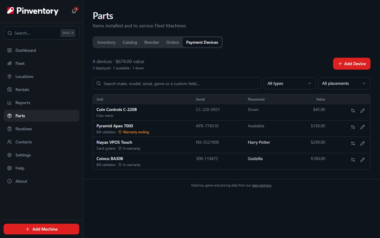 The Payment Devices tab on the Parts page, with the device count and total value, search and filters, and four devices showing their placement and value.