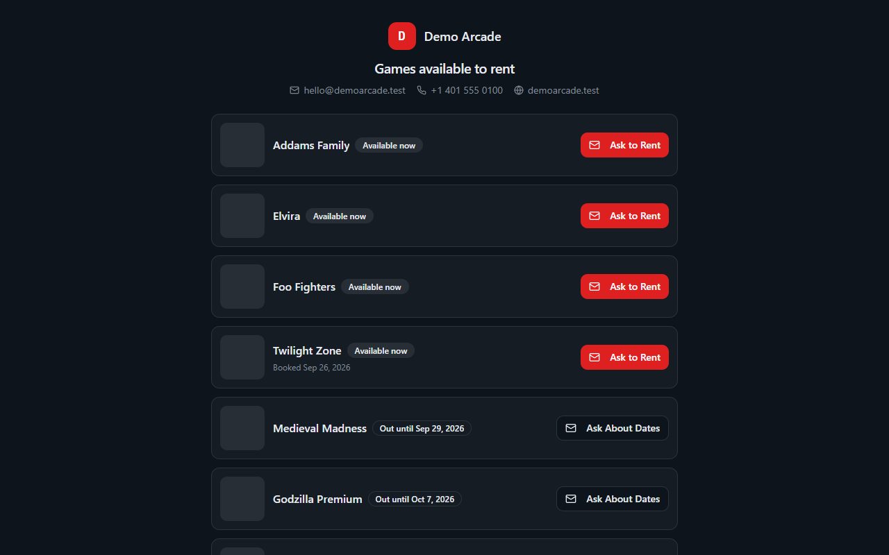 The public rental page, with the games available now at the top, each with an Ask to Rent button, and the games that are out below with the date they come back.