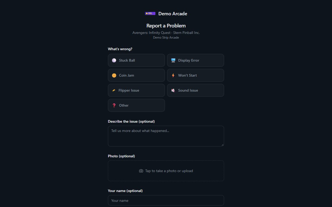 The public report form as a player sees it after scanning the code.
