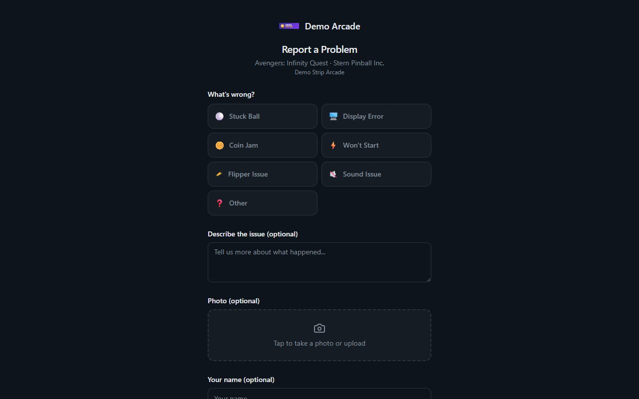 The public report form as a player sees it after scanning the code.