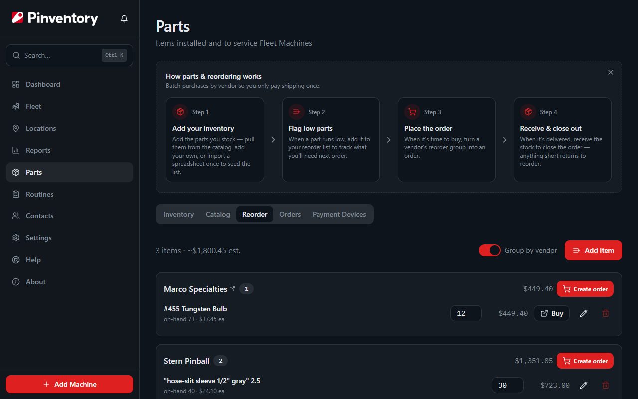 The reorder list grouped by vendor with a Create order action per group.