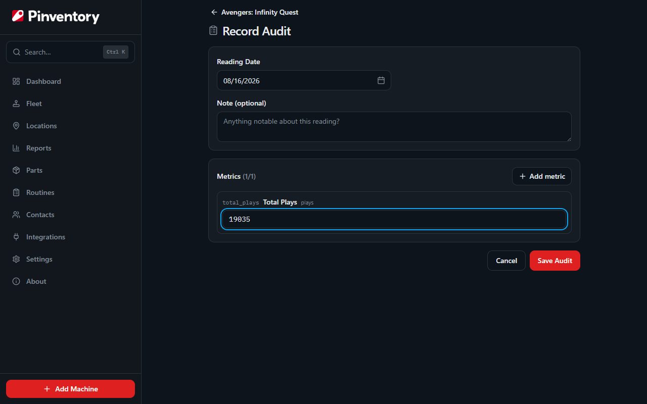 The audit form with several metrics and their entered values.
