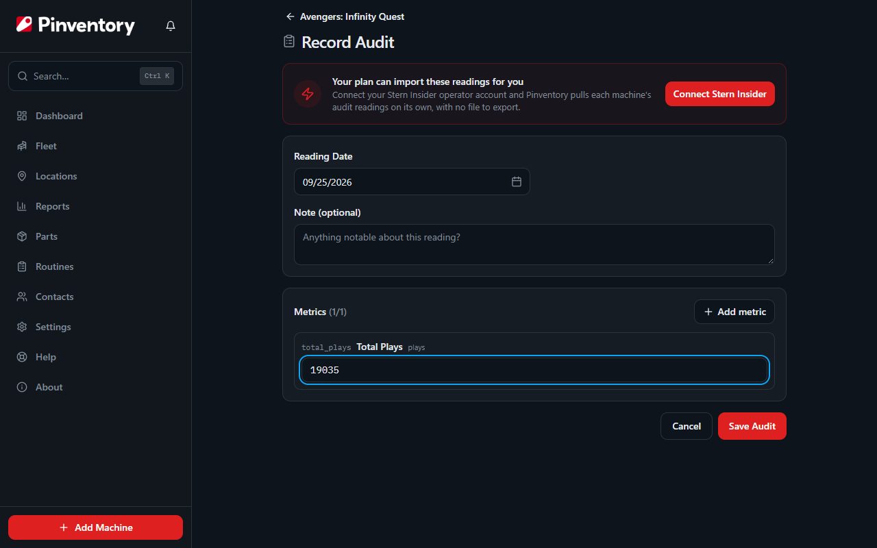 The audit form with several metrics and their entered values.