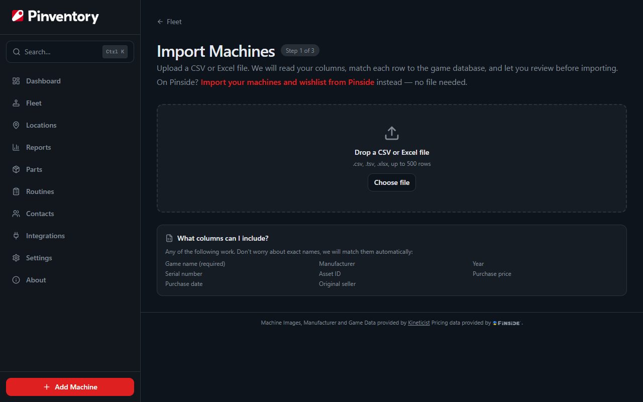 The spreadsheet import screen at its upload step.