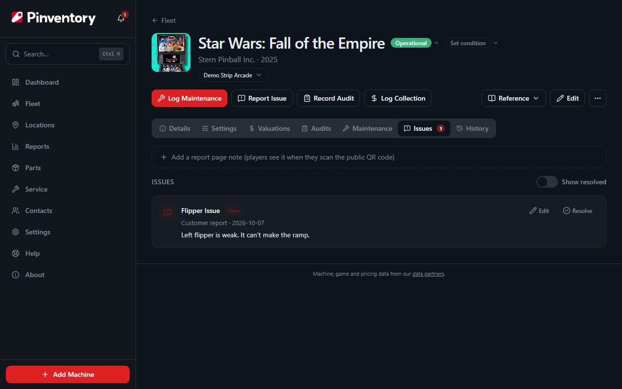 The Issues tab on a machine showing a player-submitted report.