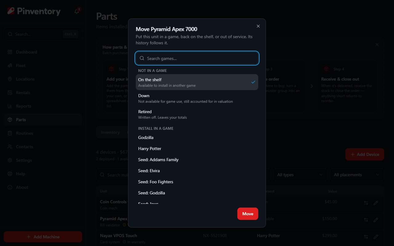 The Move dialog for a Pyramid Apex 7000, with On the shelf, Down and Retired under Not in a game, and the list of games under Install in a game.