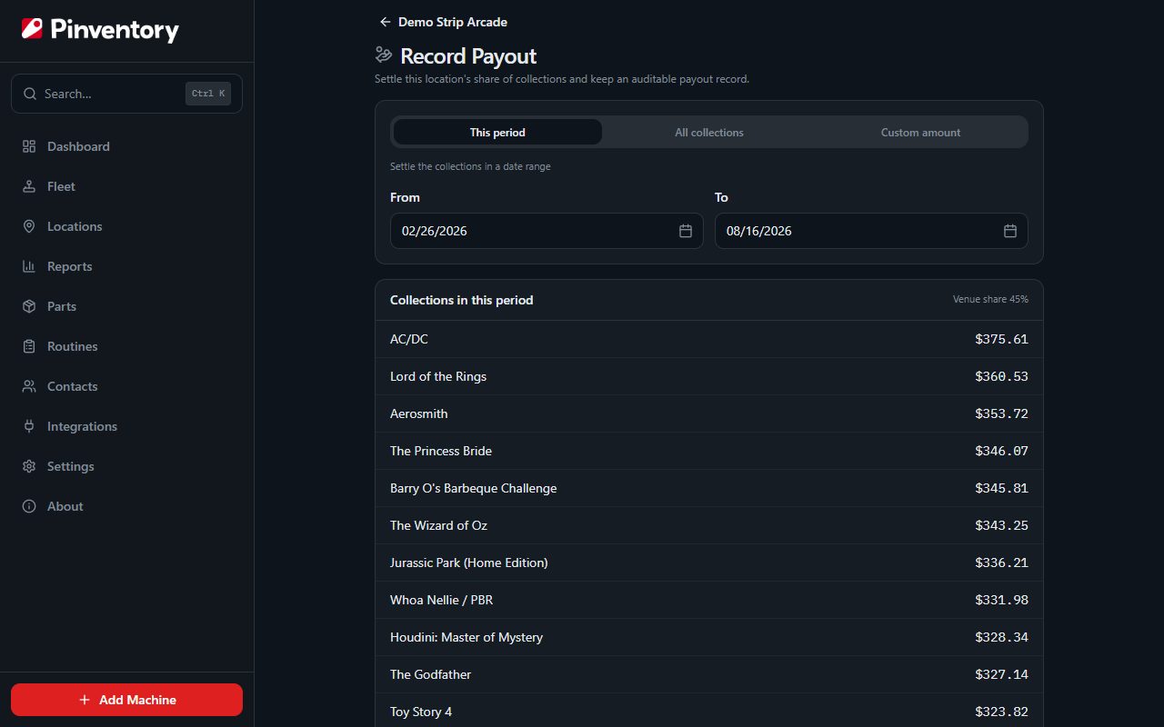 The Record Payout screen with the period selector, amount, method, and statement preview.