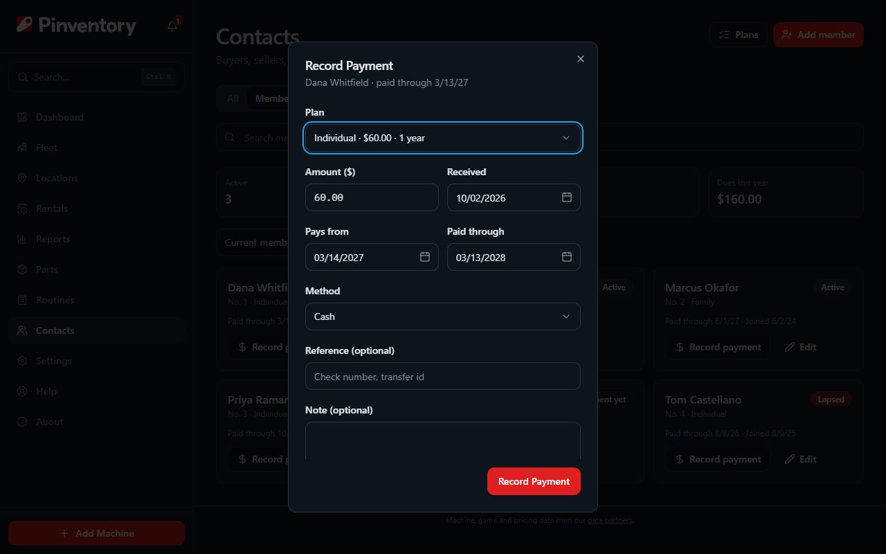 The Record Payment dialog with the plan, the amount, the date received, and the dates the payment pays for.